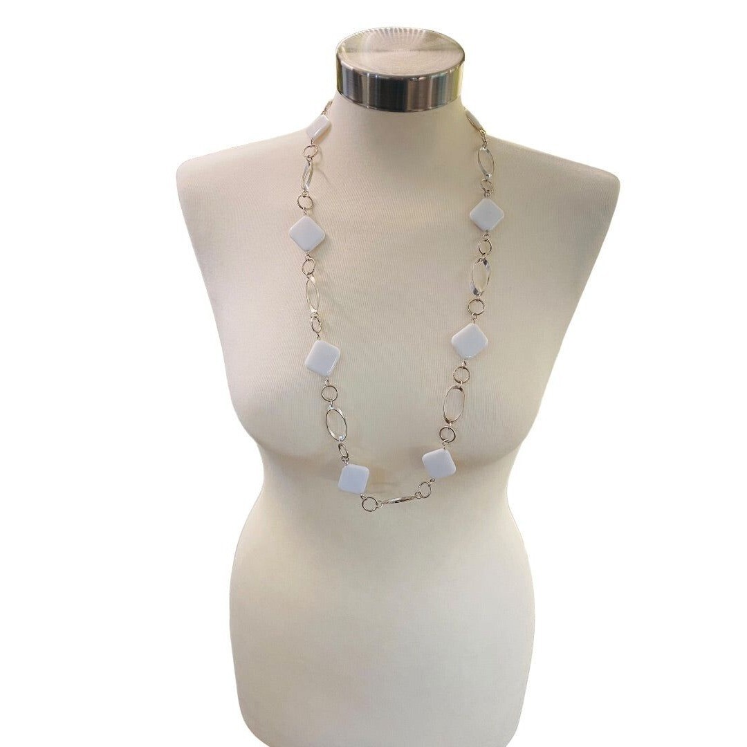 Silvertone and White Acrylic Square Necklace Overhead 34″ Lightweight
