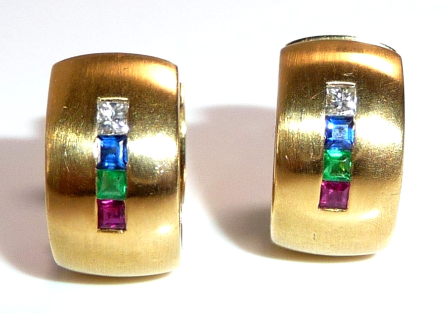 750 Yellow Gold Ruby Sapphire Emerald Diamond Hoop Earrings 9 Grams 15mm