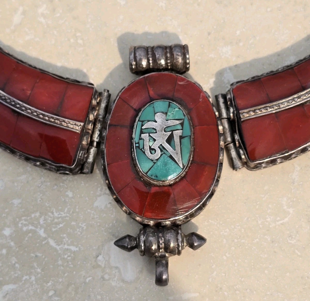 AUTHENTIC TIBETAN SILVER GARUDA COLLAR NECKLACE TURQUOISE CORAL BIB 107G 21.8 IN