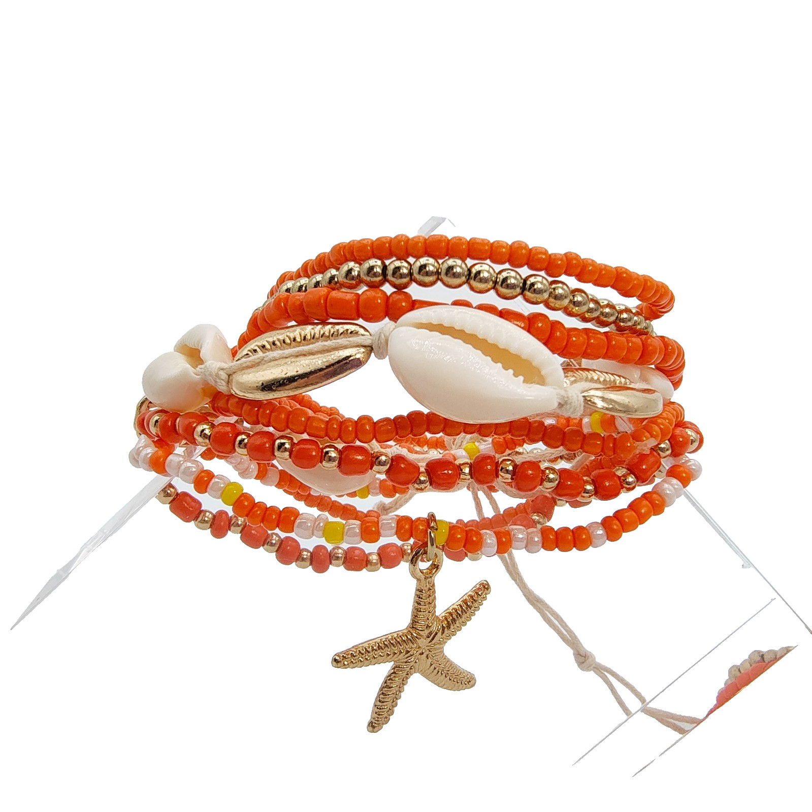 Boho Beachy Orange Seed Bead Anklet Stack 7 Pc Set Starfish Cowrie Shell