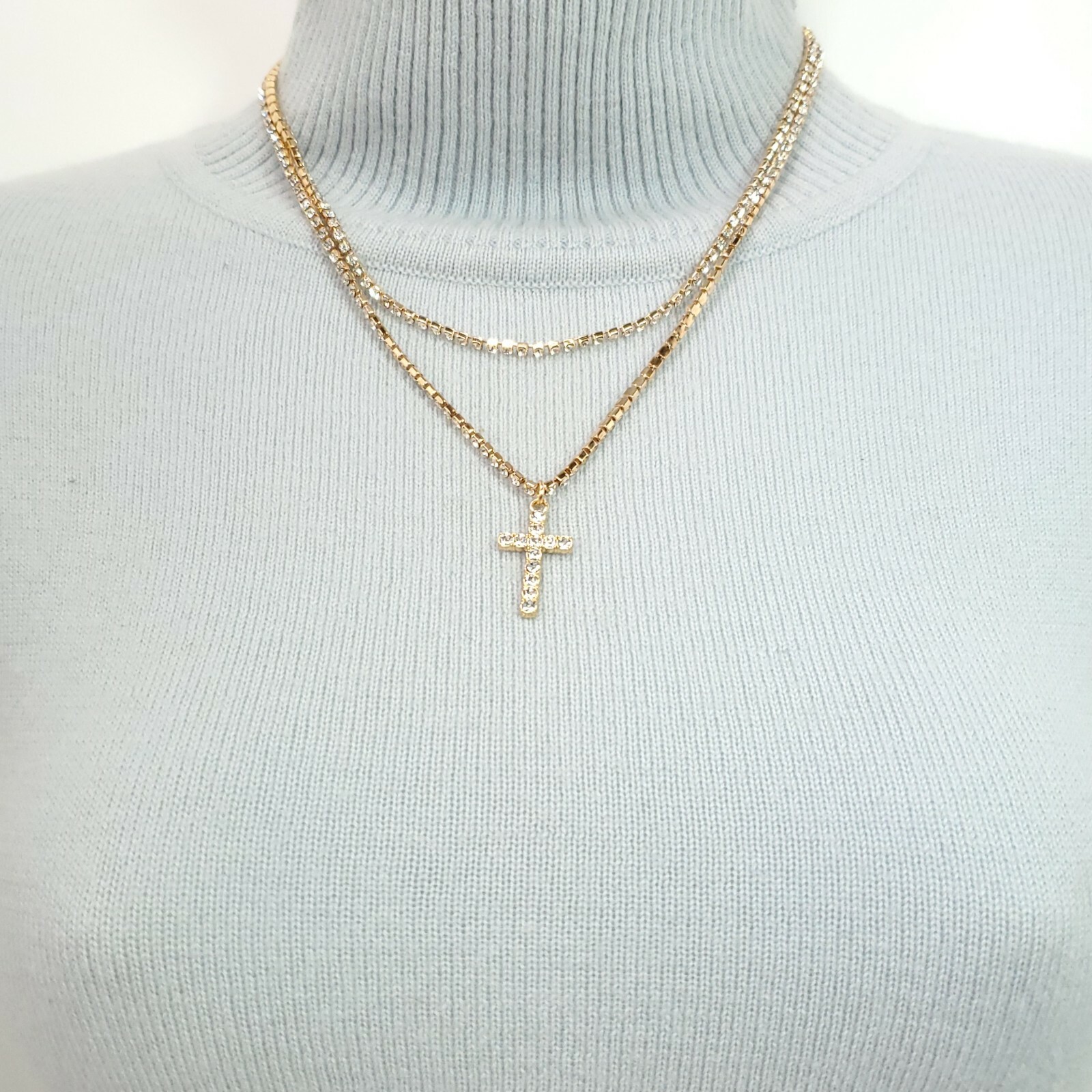 N0182 Gold Tone Base Clear Rhinestones Deco Cross Pendants 2pc Necklaces Set