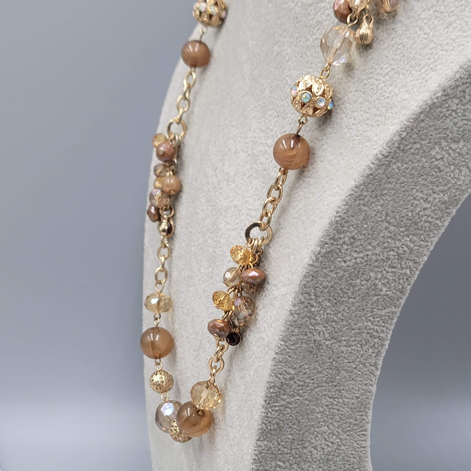 Gold Tone Beaded Station Necklace 36 in Brown Glass Filigree Beads Chain Womens