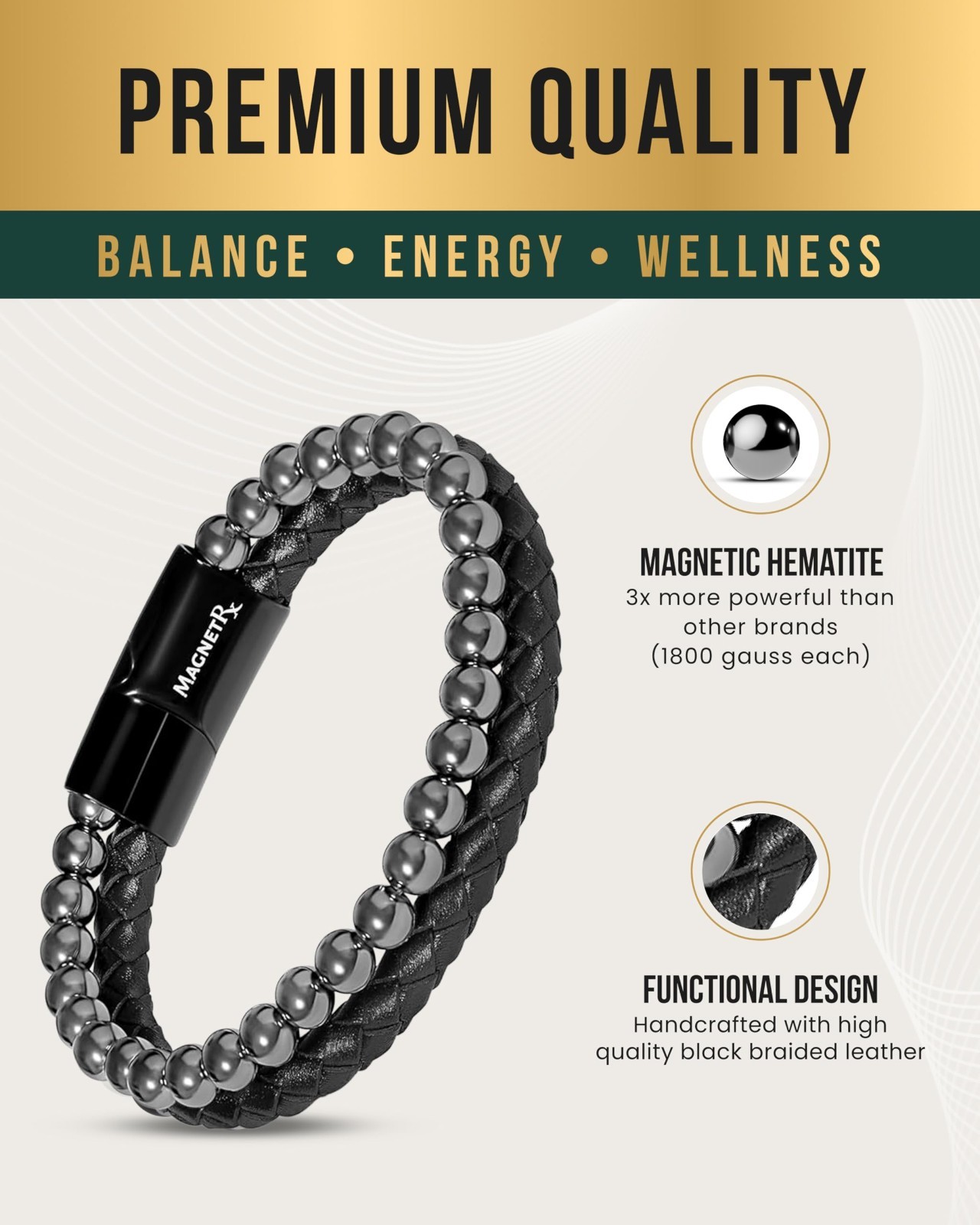 Max Strength Magnetic Hematite & Leather Bracelet – Men’s Beaded Jewelry (Large)