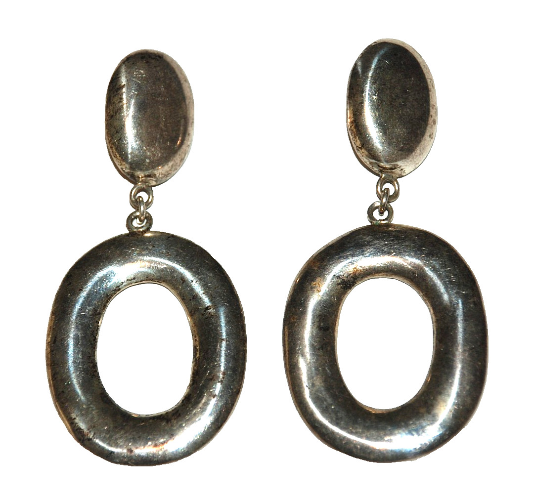 .925 Sterling Silver Modernist Oval Drop Dangle Earrings CT09 Mexico 1950s 3.25″