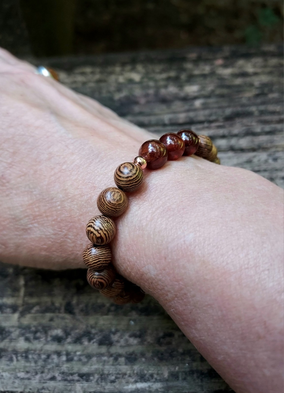 Hessonite Garnet Gemstone Bracelet With Brown Wooden Beads Stretchy 6.50″