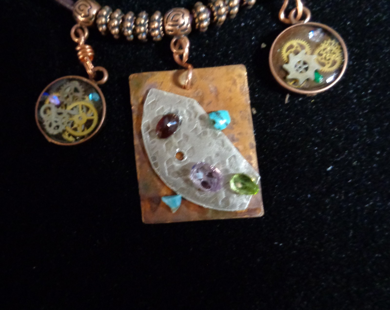 Artisan crafted,eclectic,18” necklace. Central handcrafted copper collage pendan