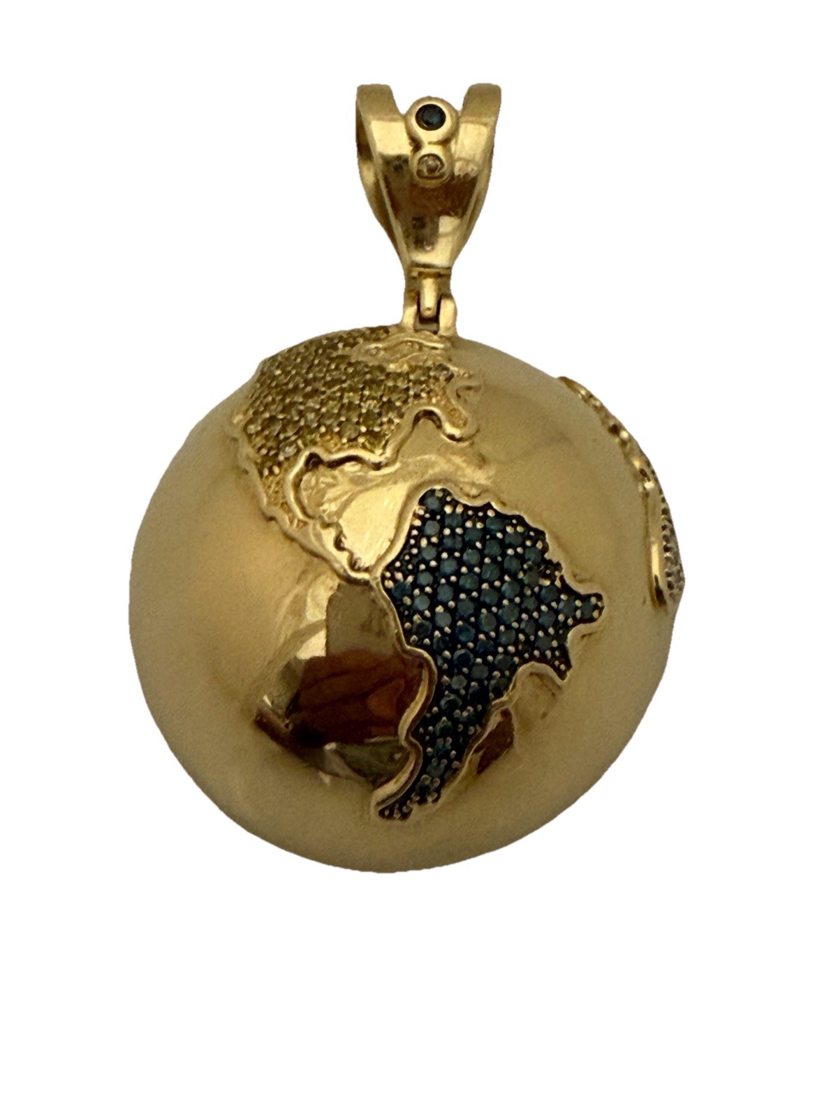 10kt Y/G Blue and Yellow Natural Diamond 3-D Globe Charm Pendant 1.12 cttw