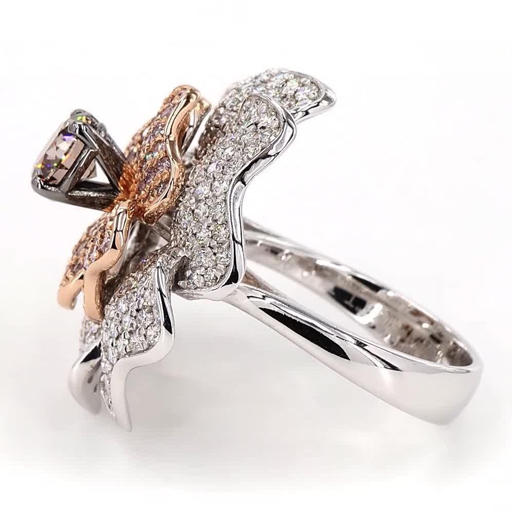 0.90 ct Natural Brown Diamond Floral Bloom Band Ring 18k Solid Gold Pave Floral