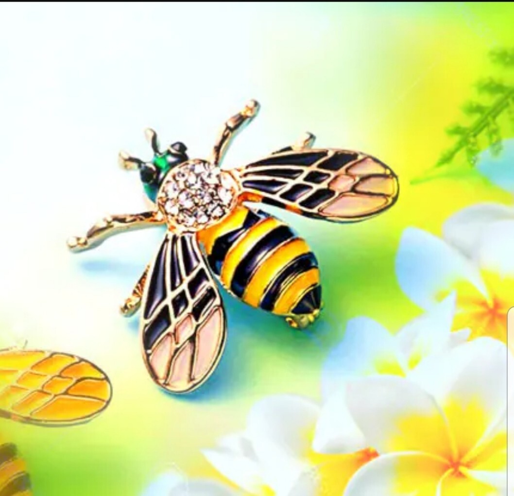 VINTAGE GOLD BUMBLE BEE INSECT BUG BROOCH PIN~RHINESTONE ENAMEL~GARDENER GIFT