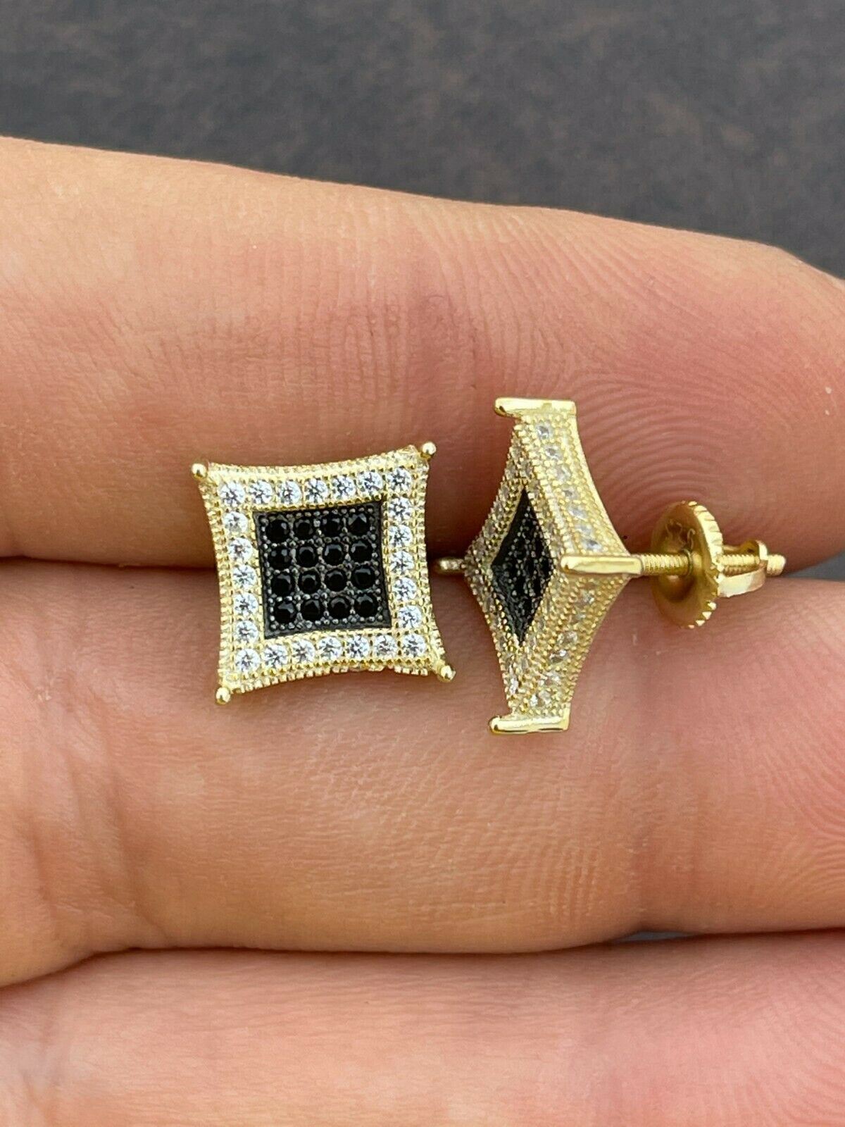 Mens 14K Gold Plated 925 Silver Iced Kite Black CZ Square Earrings Studs