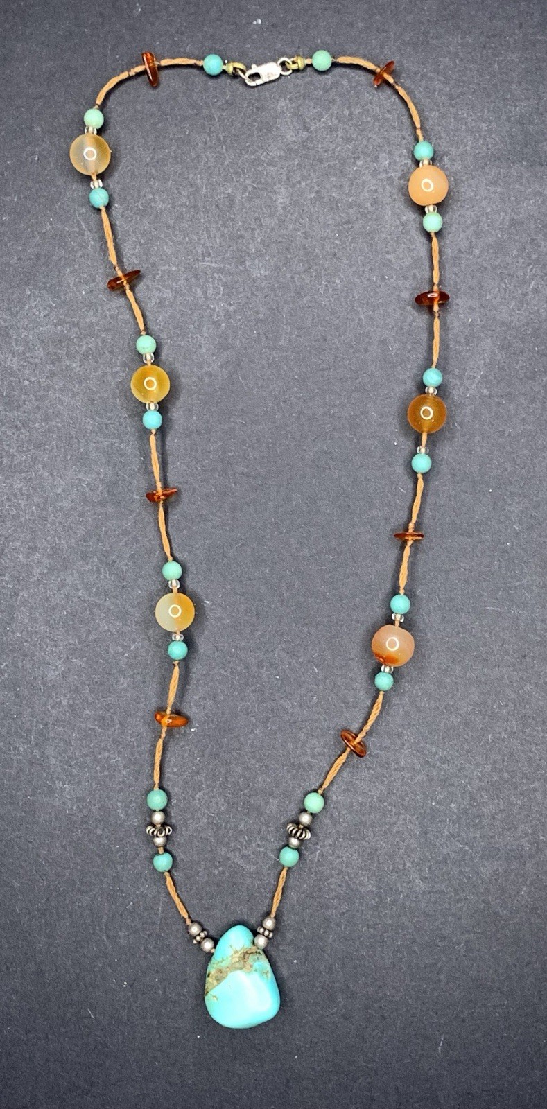 Genuine Turquoise Necklace Real Amber Beads Southwestern Pendant