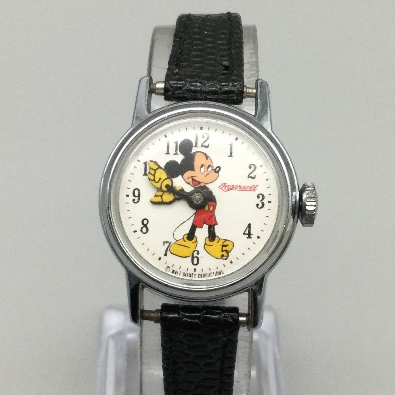 Vintage Ingersoll Disney Boys Watch 24mm Mickey Mouse Manual Wind Black Strap