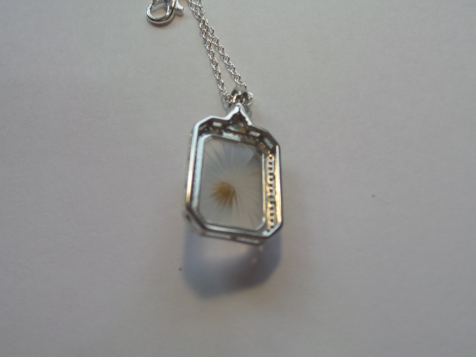 HANDMADE VINTAGE SUNRAY CRYSTAL FROSTED CAMPHOR GLASS NECKLACE STERLING SILVER