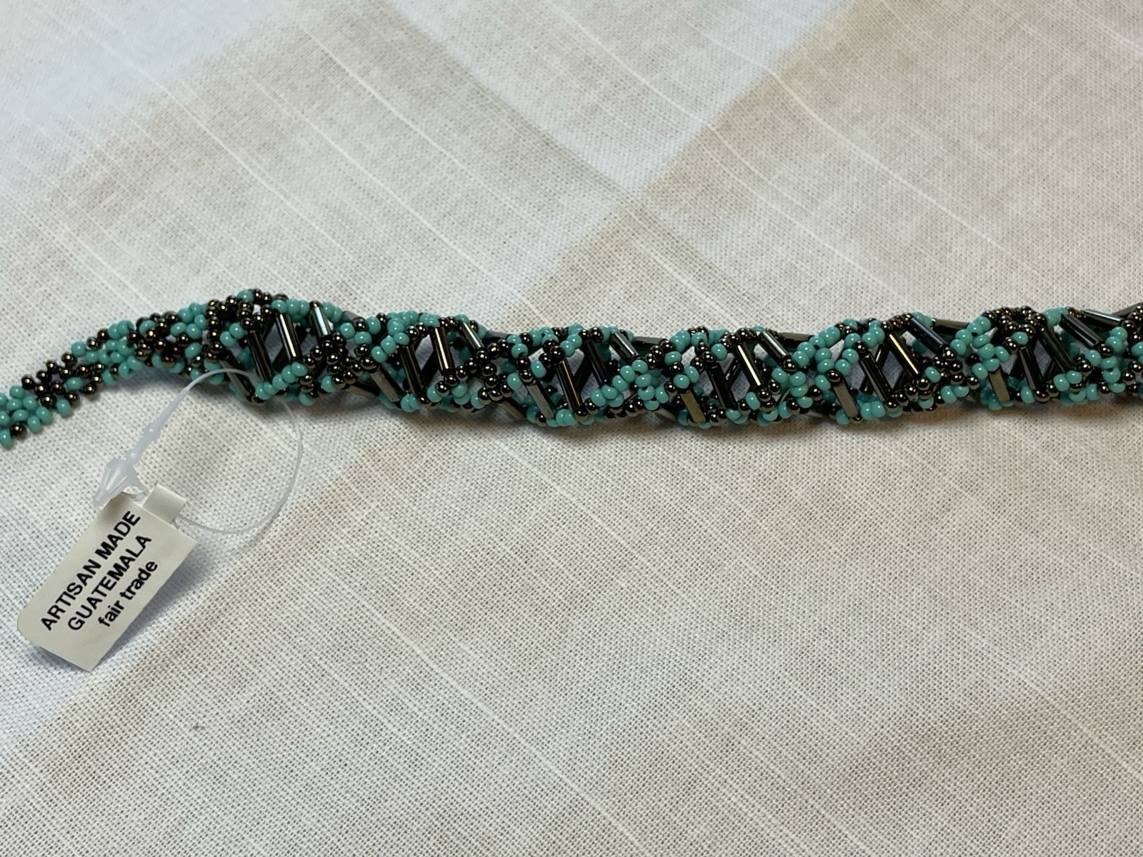 DNA Double Helix Necklace Handmade in Guatemala Czech Glass Beaded Turquoise 24”
