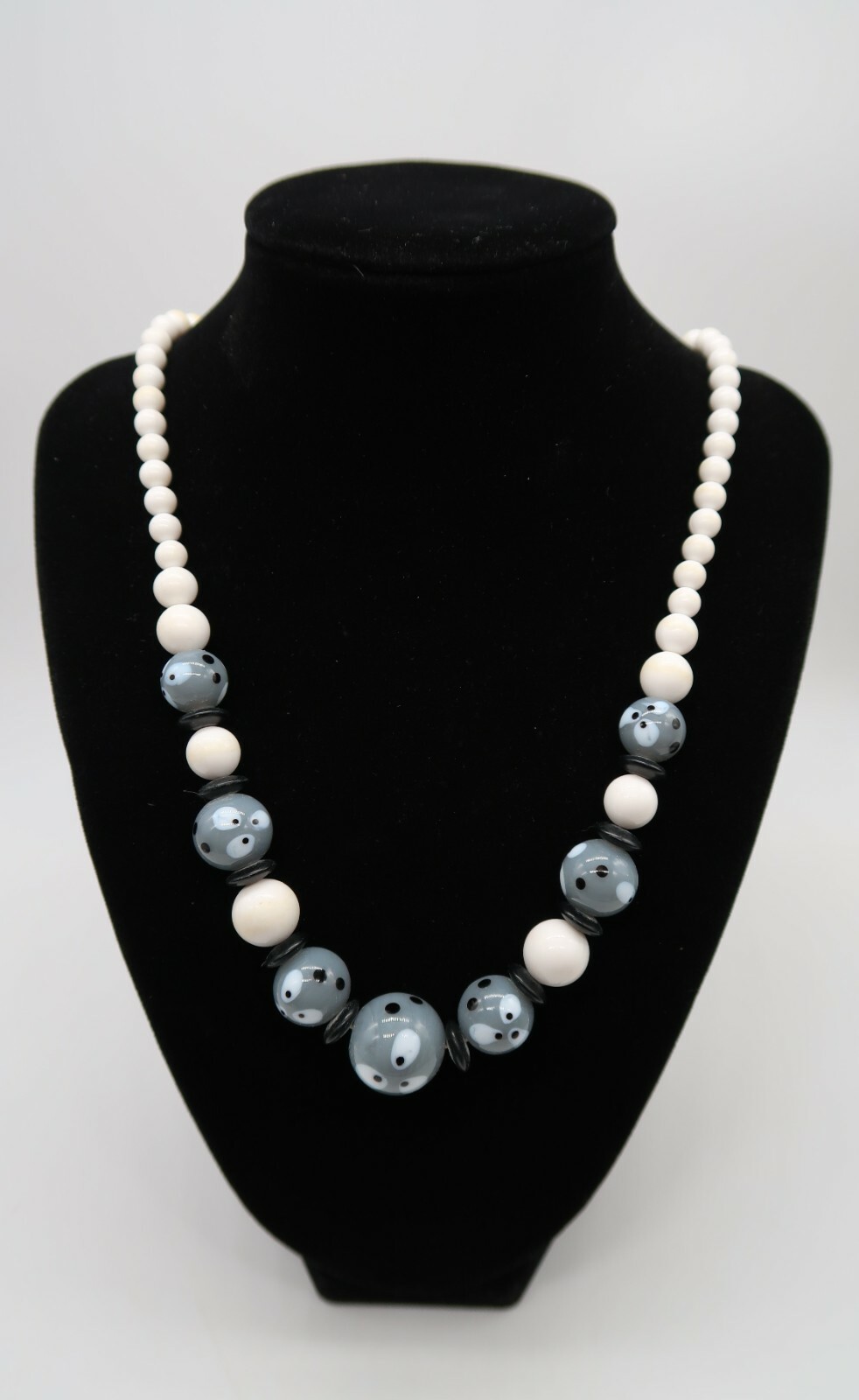 Fun vintage gray white & black polka dot beaded necklace princess length