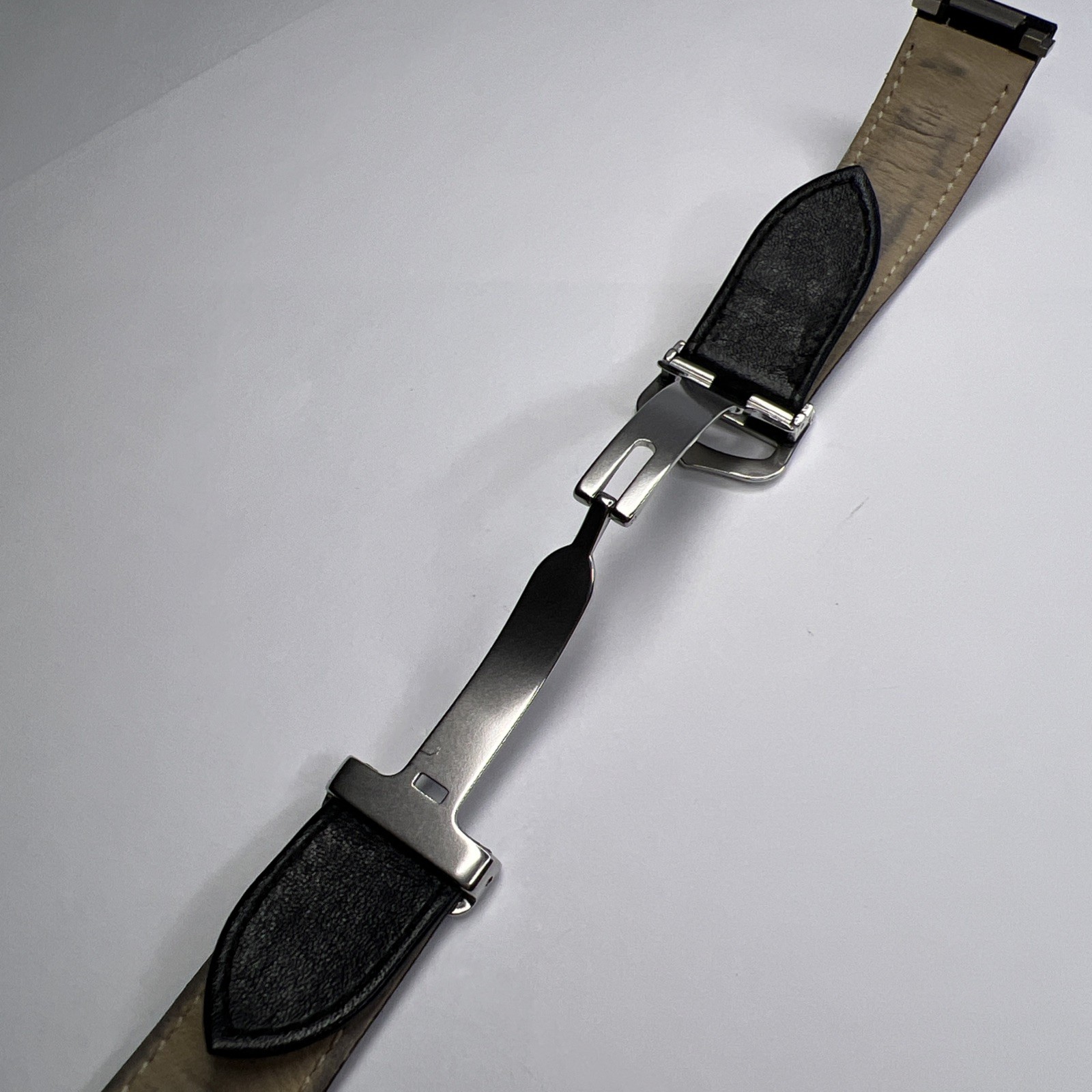 19mm Cartier Black Ridged Leather Strap Band 18mm Steel Foldover Deployant Clasp