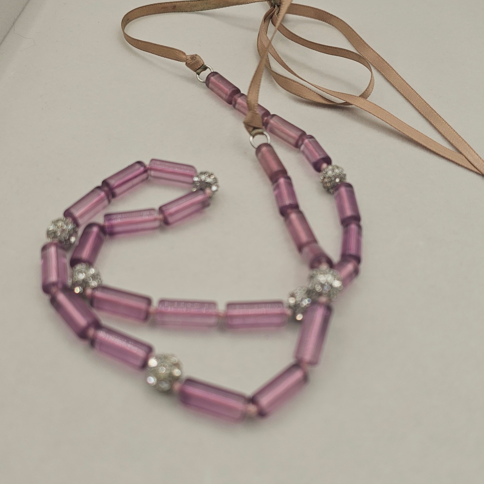 Lavender Purple Tube Bead Ribbon Tie Necklace Rhinestone Bead Spacers Coquette