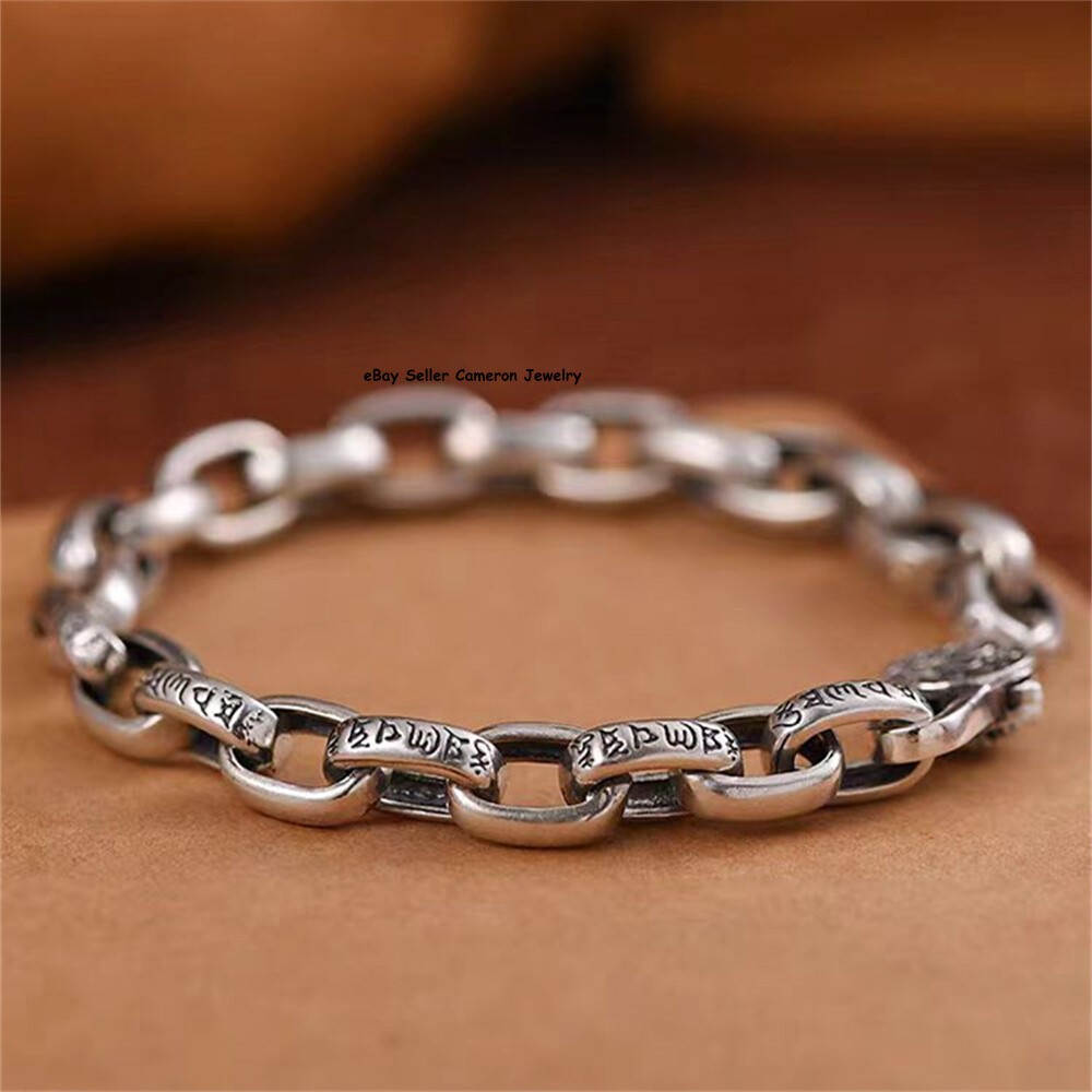 Pure S925 Sterling Silver Chain 8mm Six Words Sutra Square Rolo Link Bracelet