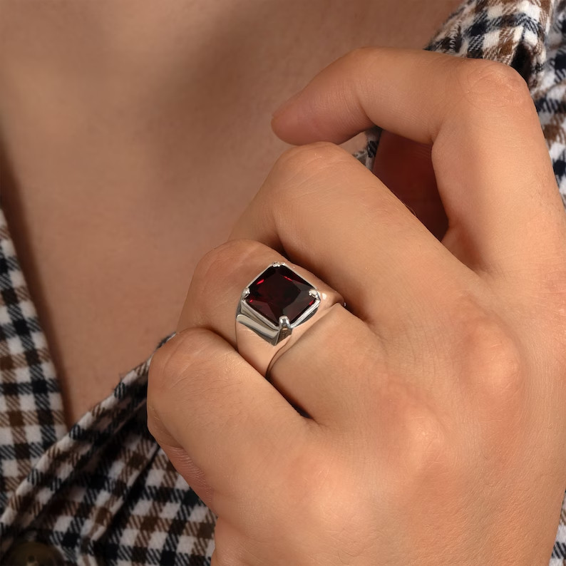 MENS SIGNET RED GARNET RING 925 STERLING SILVER RING MENS RING GIFT FOR HIM