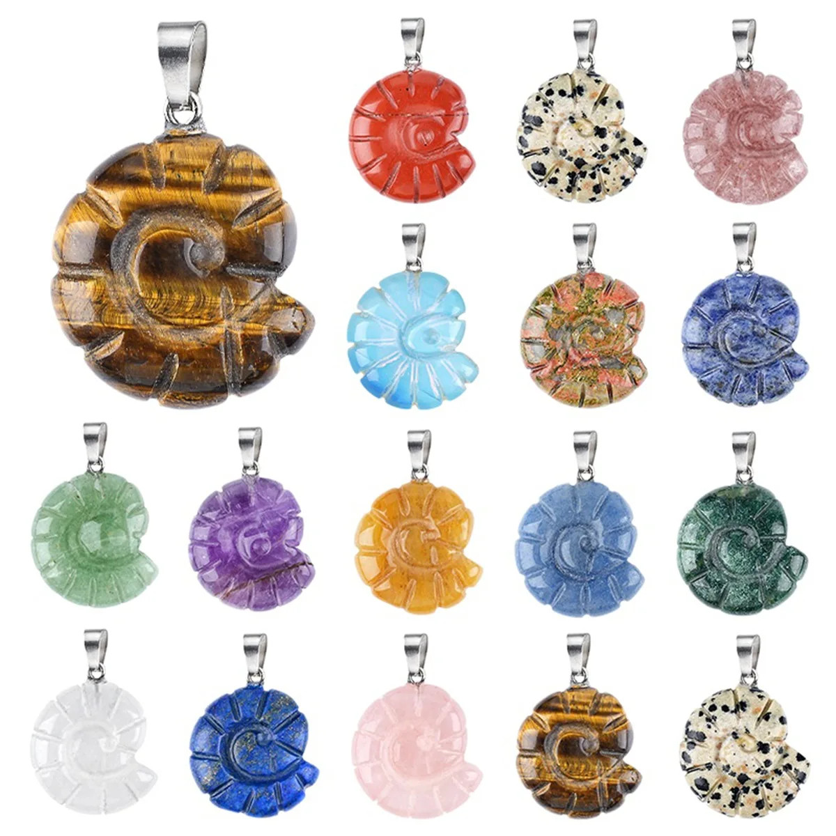 5PCS Carved Gemstone Conch Shell Pendant 25mm Crystal Ammonite Fossil Charms