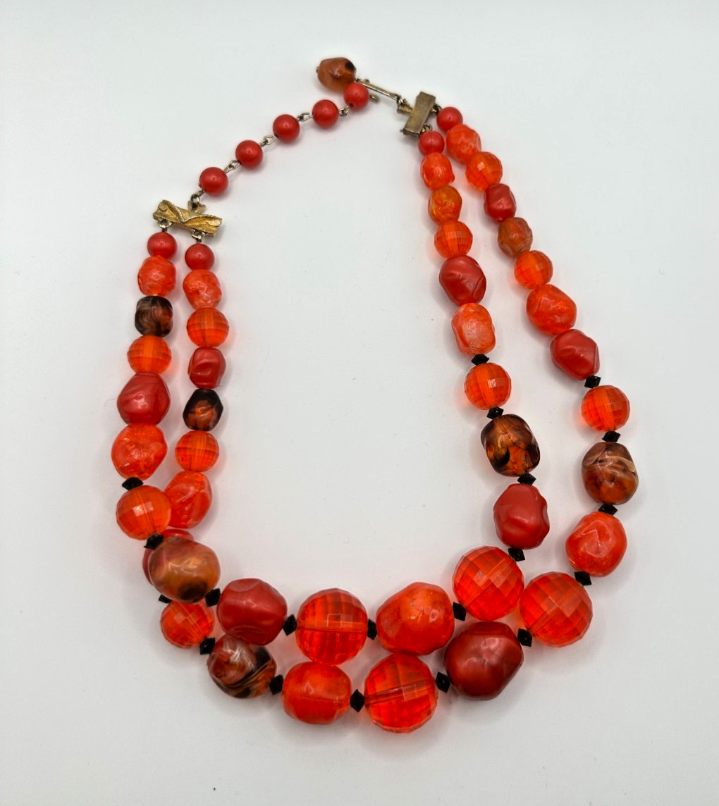 Gorgeous Signed Coro 2 Strand Beaded Choker Necklace Lucite Vintage Red Orange