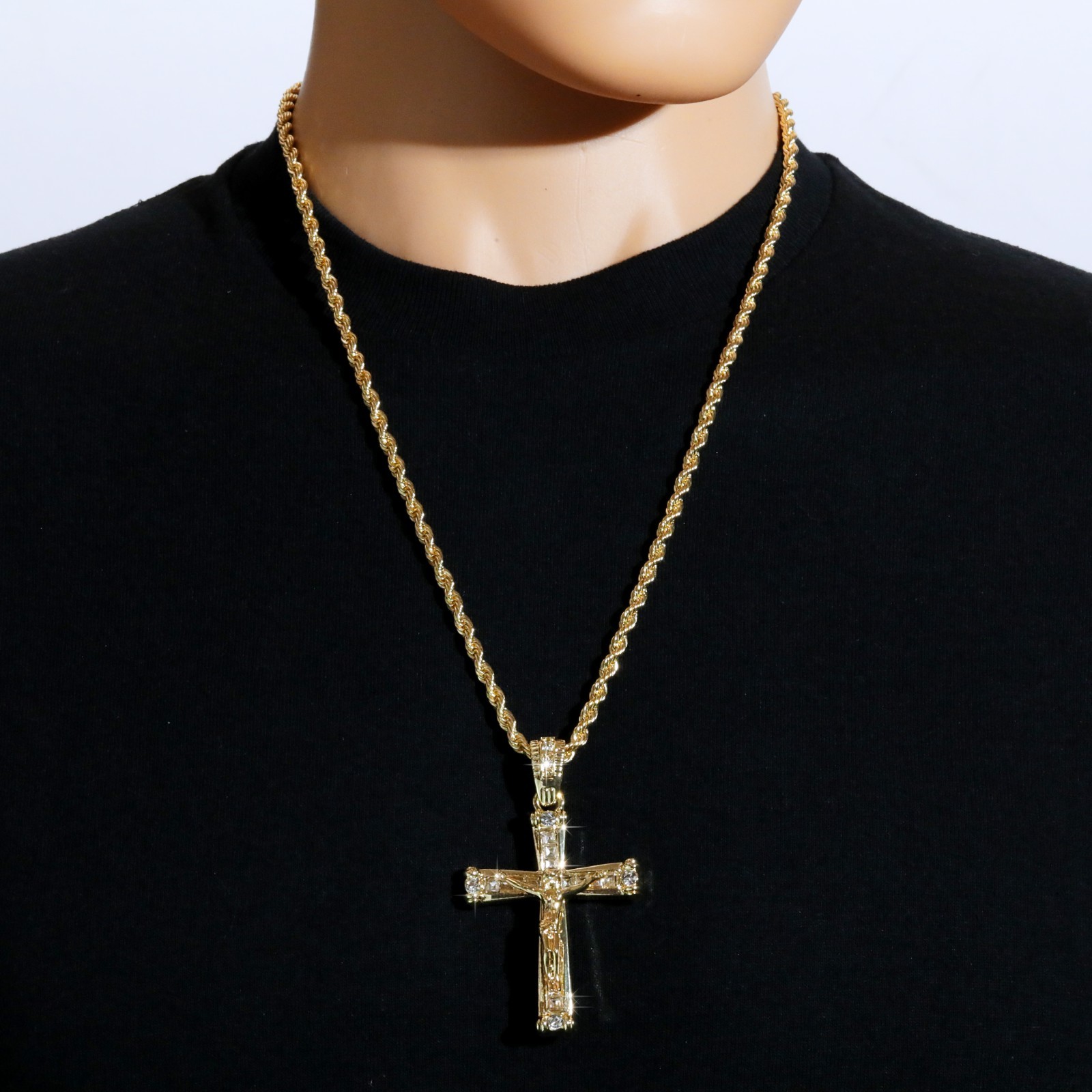 Iced Latin Jesus Cross Pendant Cubic Zirconia 14k Gold Plated Rope Chain For Men