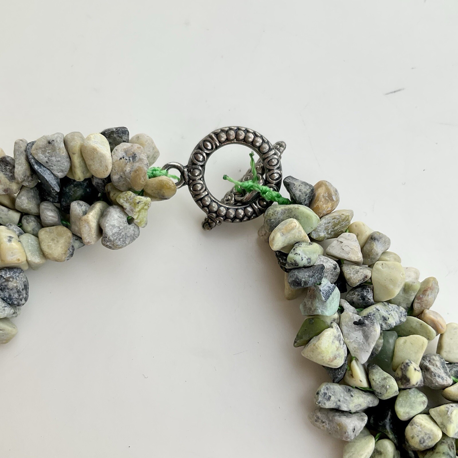 Handcrafted Green & Beige Chipped Gemstone Collar Statement Necklace, 17 Inches