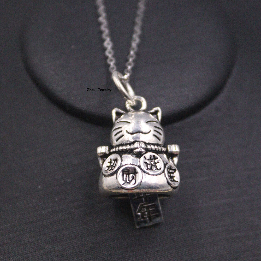 Real S925 Sterling Silver Pendant Men Women Fortune Cat Pendant 28*14mm 3-4g