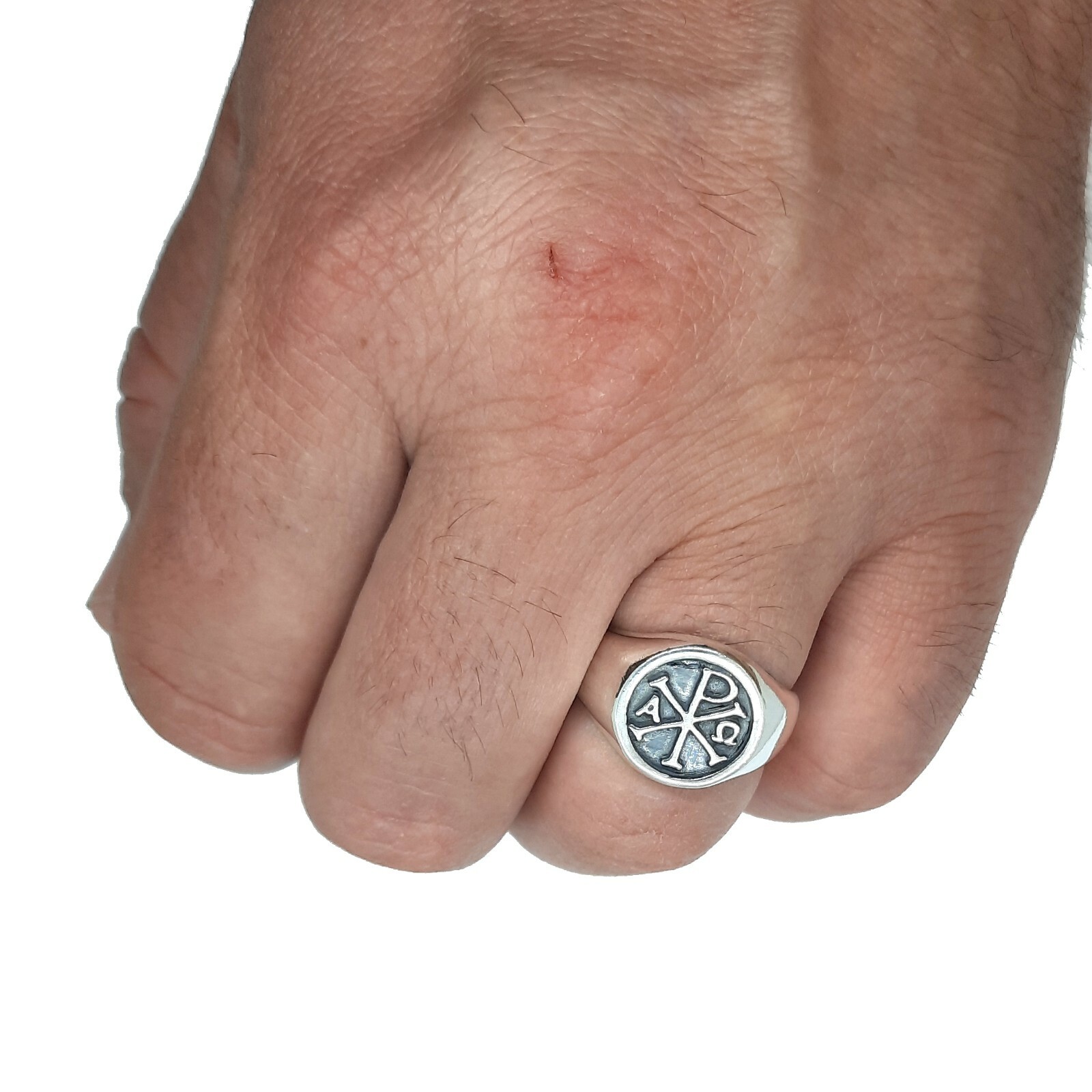 Genuine Sterling Silver Men Ring Chi Rho Alpha Omega Solid Stamped 925 Handmade