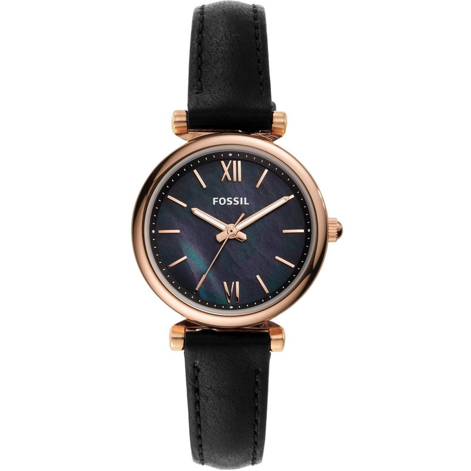 Fossil Women’s Watch Carlie Mini Navy Blue MOP Dial Black Leather Strap ES4700