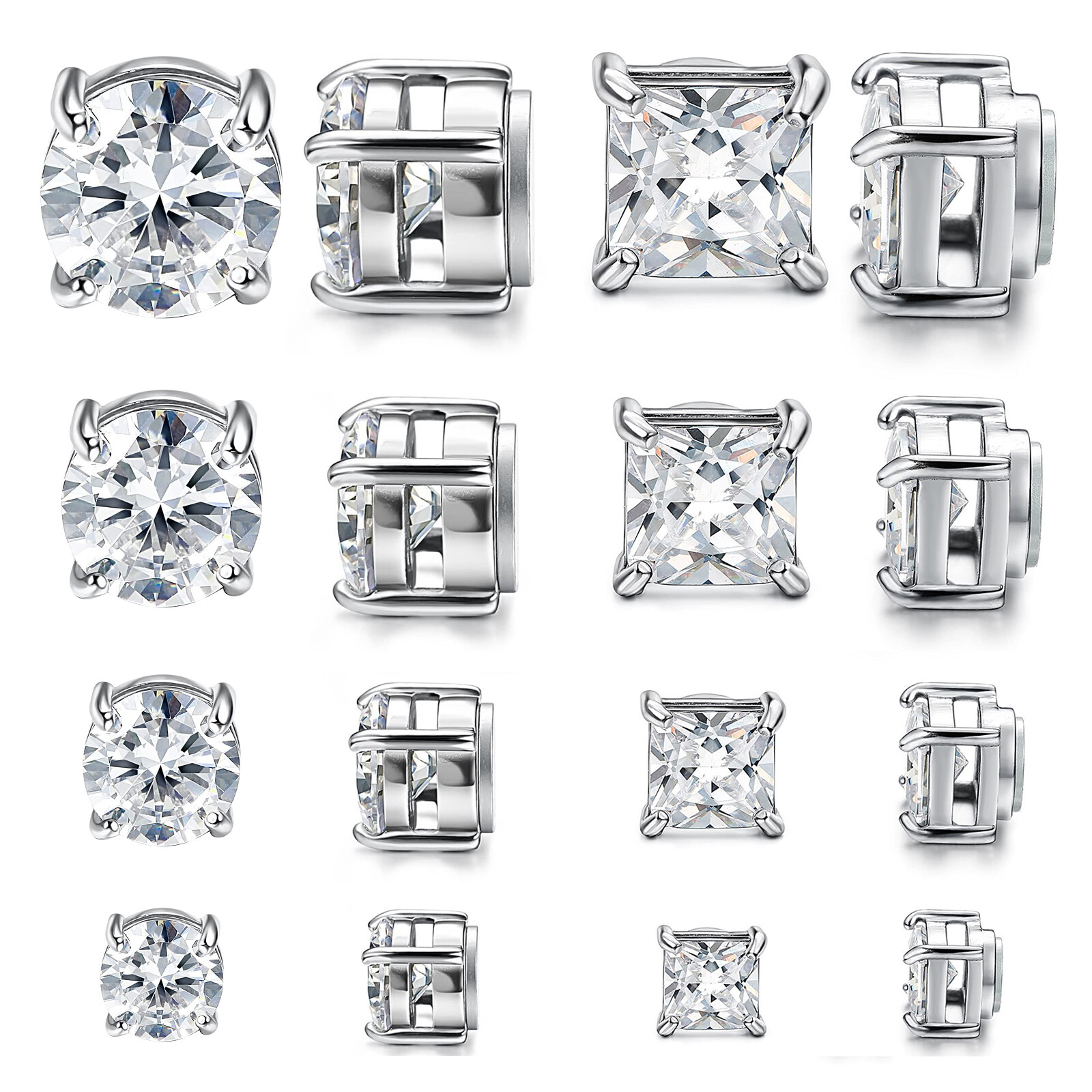 8Pcs Non-piercing 5-8MM Clear CZ Magnetic Stainless Steel Earrings Fake Stud Set