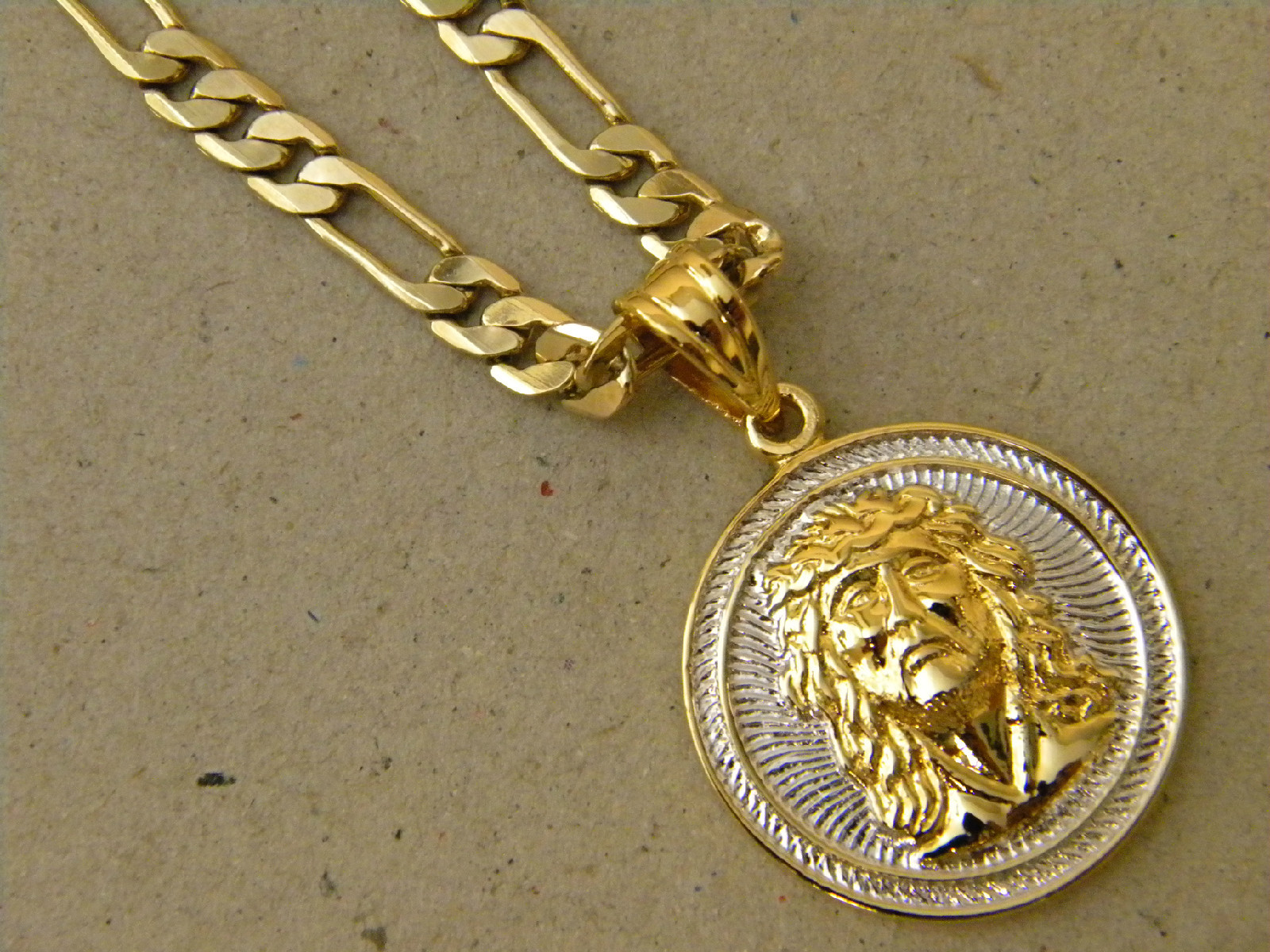 Men’s Lady’s Rhodium Yellow Gold Plated Round Christ Head Charm Figaro Curb Set