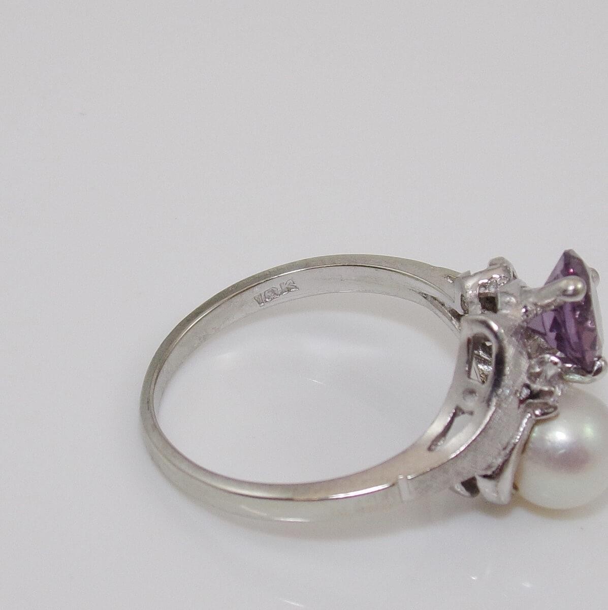 Vintage 10K White Gold Pearl Purple Sapphire White Spinel Ring Size 6