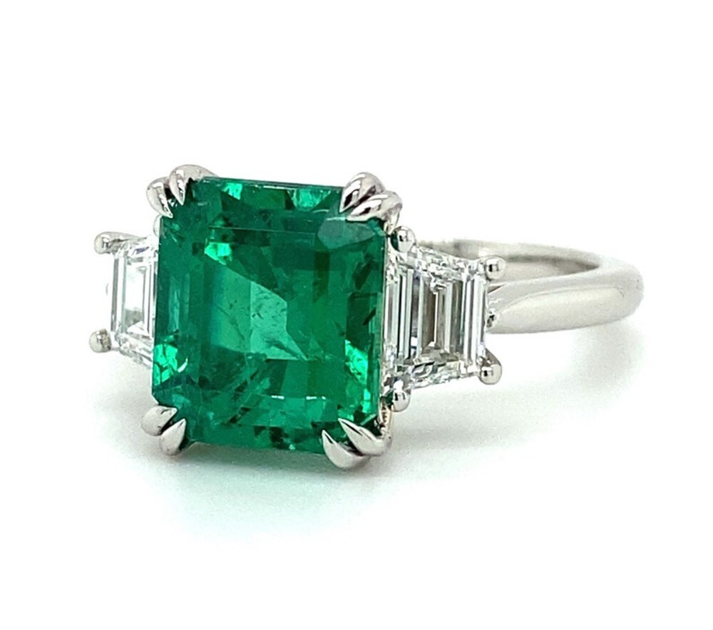 Green Emerald Ring Lab Created Diamond 3.60 Ct 950 Platinum Size 5 6 6.5 7 7.5 8