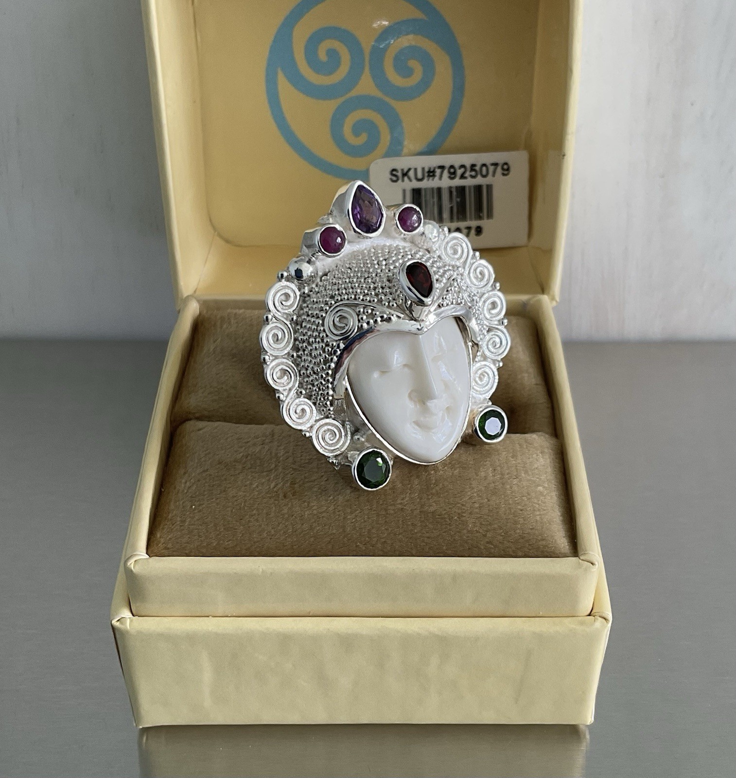 Sajen Silver Carved Goddess Ring Multi Gemstones 925 Sterling Silver Size 7