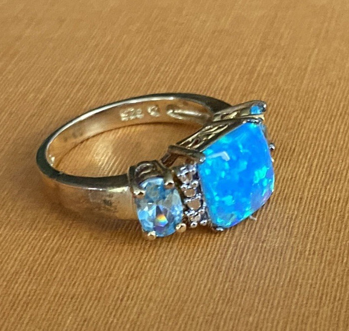 New TECHNIBOND Blue Lab Opal Topaz White CZ Necklace Ring Set HSN Lot