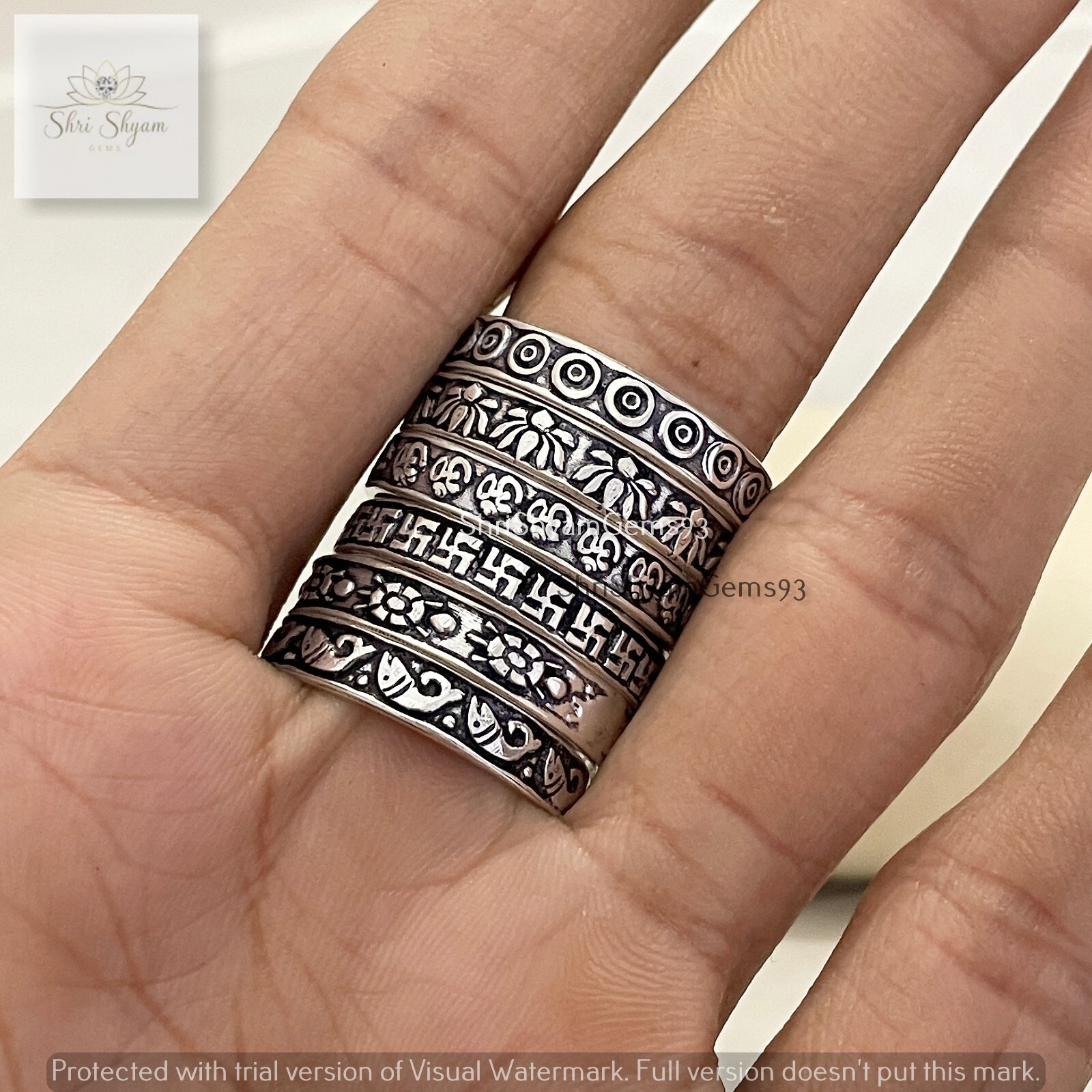 Silver Micro GS Band, Designer Aum Turquoise Lotus Round Oxidized Ring