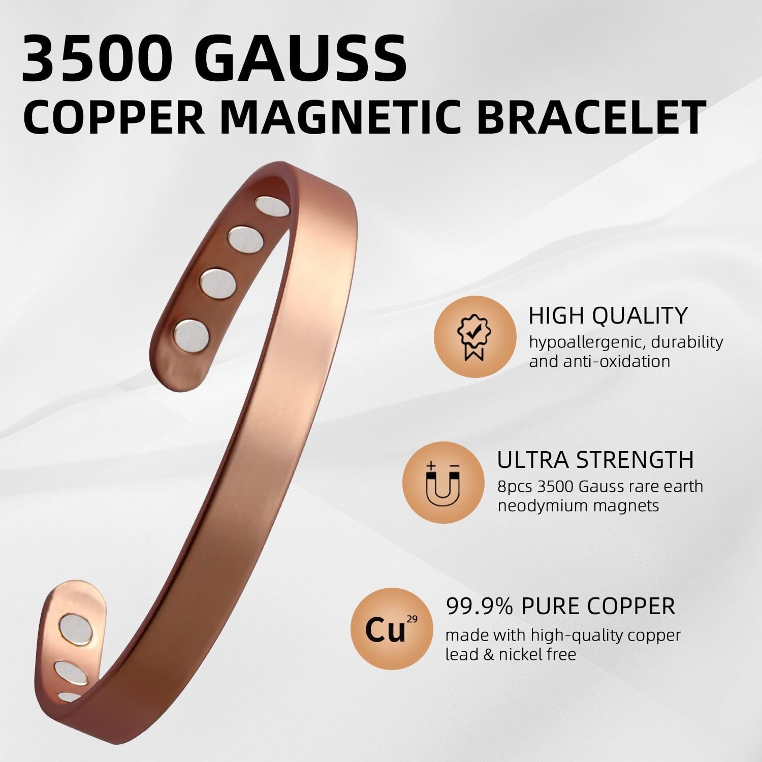 99.9% Pure Copper Magnetic Bracelet for Wellness – Adjustable Cuff 6.8 Inches