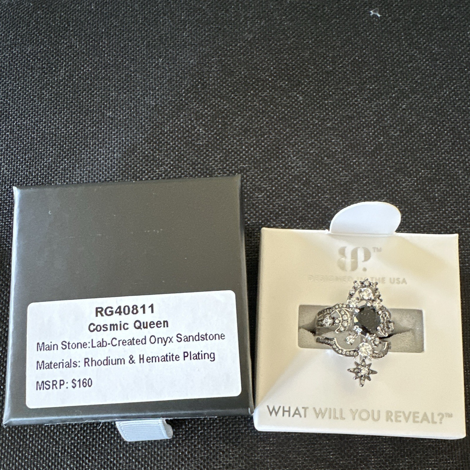Obsidia Celestial Cocktail Ring Onyx Sandstone CZ Rhodium Plated 7 RG40811