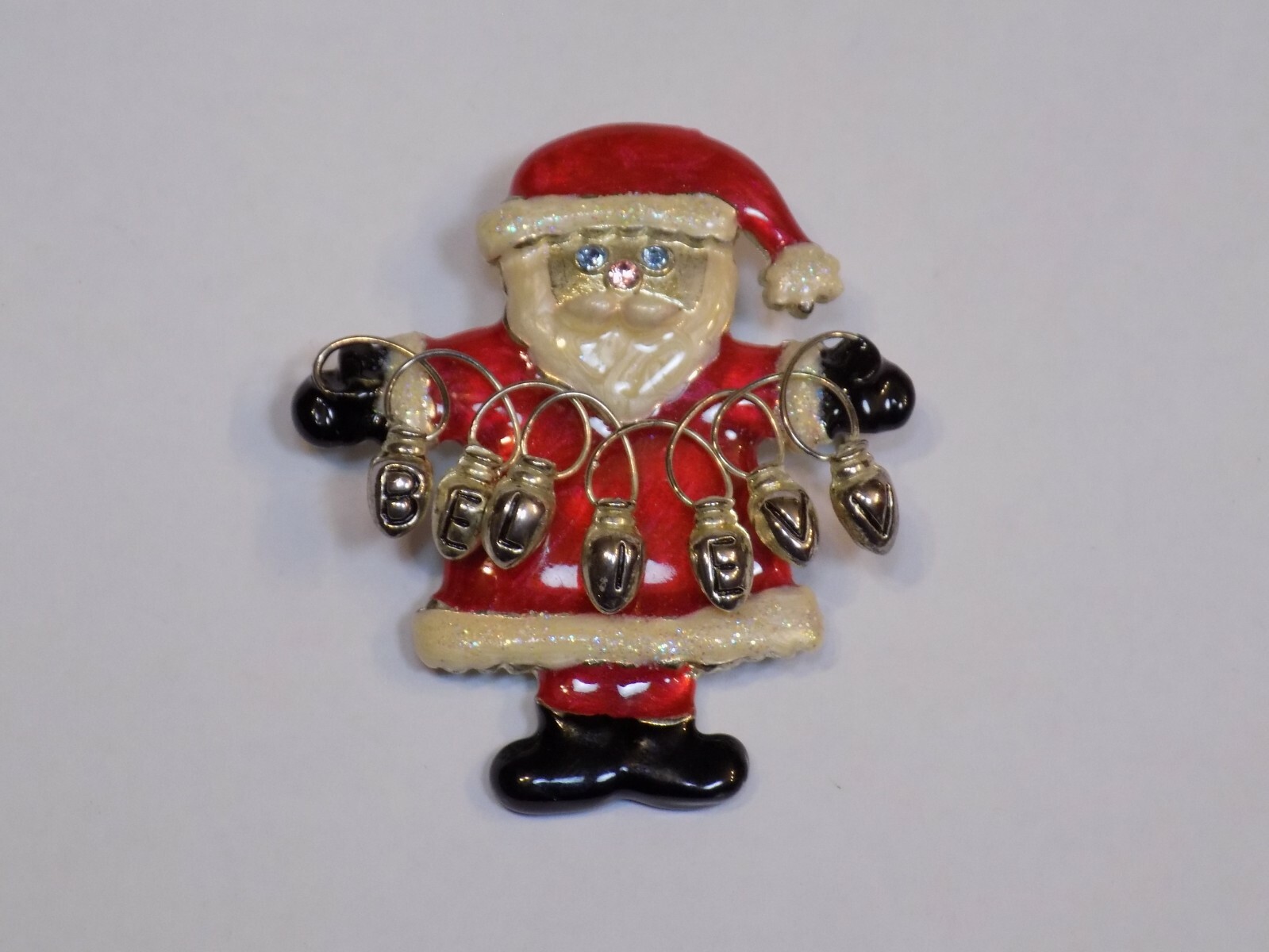 Santa Claus with Lights Red Metal Silver Pin Vintage Old Metal Button Pinback 2″