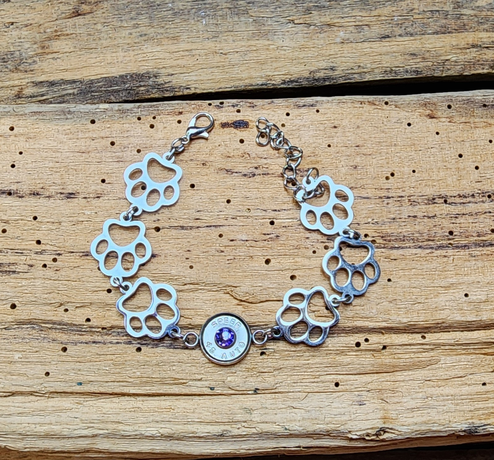 Bullet Bracelet, Stainless Steel Puppy Paws and 45 Auto. Optional Glass Crystal.