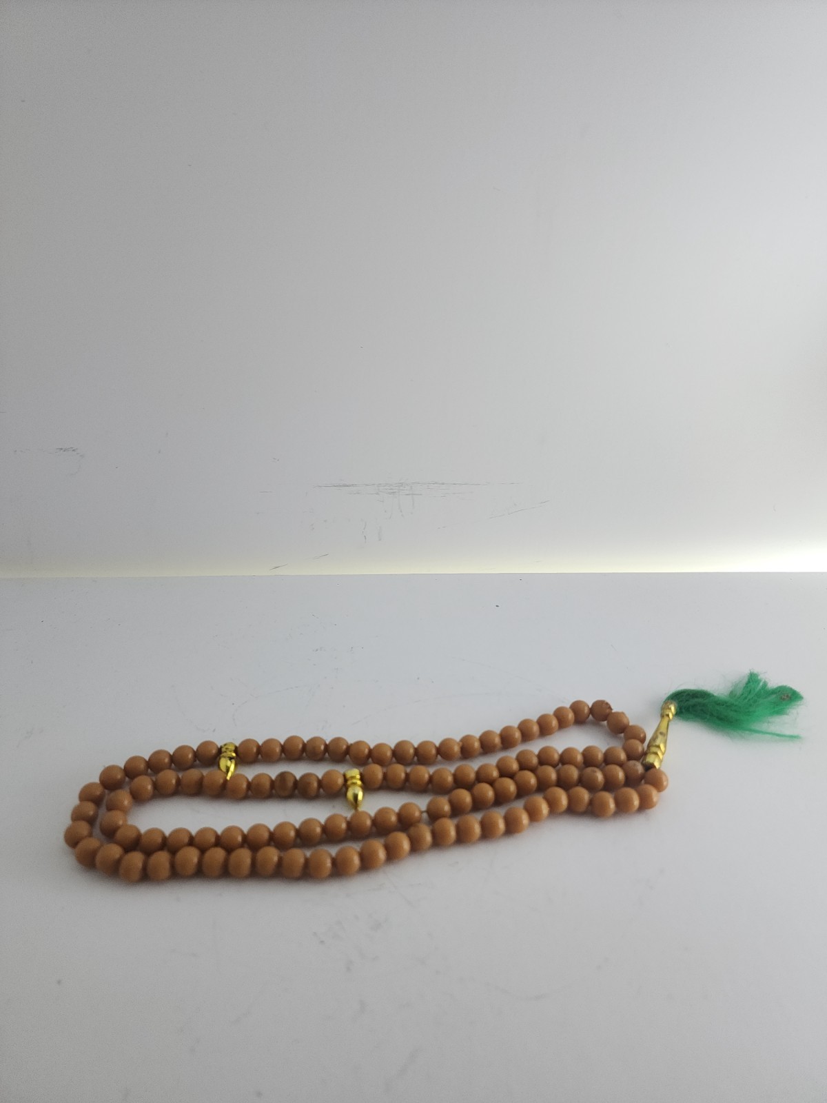 Brown Beige Beads Necklace Meditation Souvenir Green Tassel Gold Tone Charm