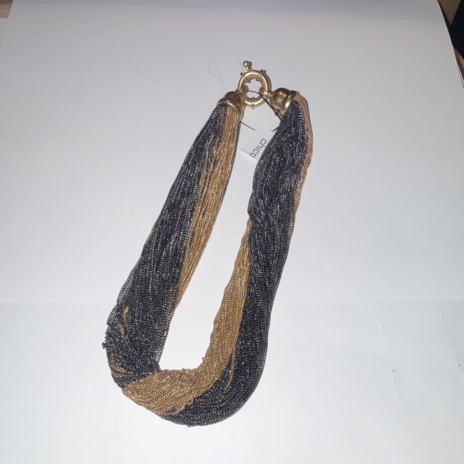 Chico’s Gold/Black Mesh Chain Statement Necklace Metal Ring Closure