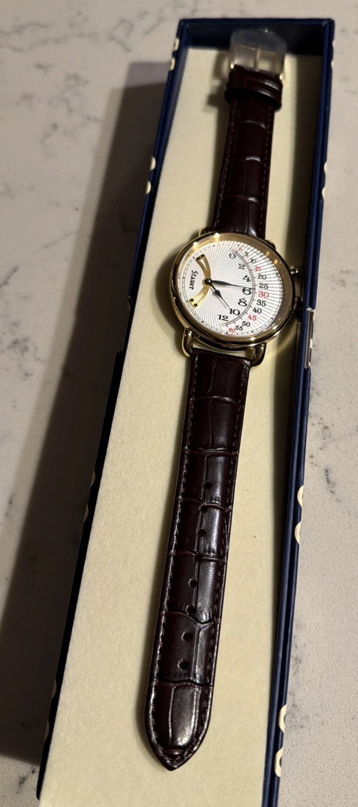 Stauer 1920’s Retrograde Men’s Watch Brown Leather Strap – NEW In Box