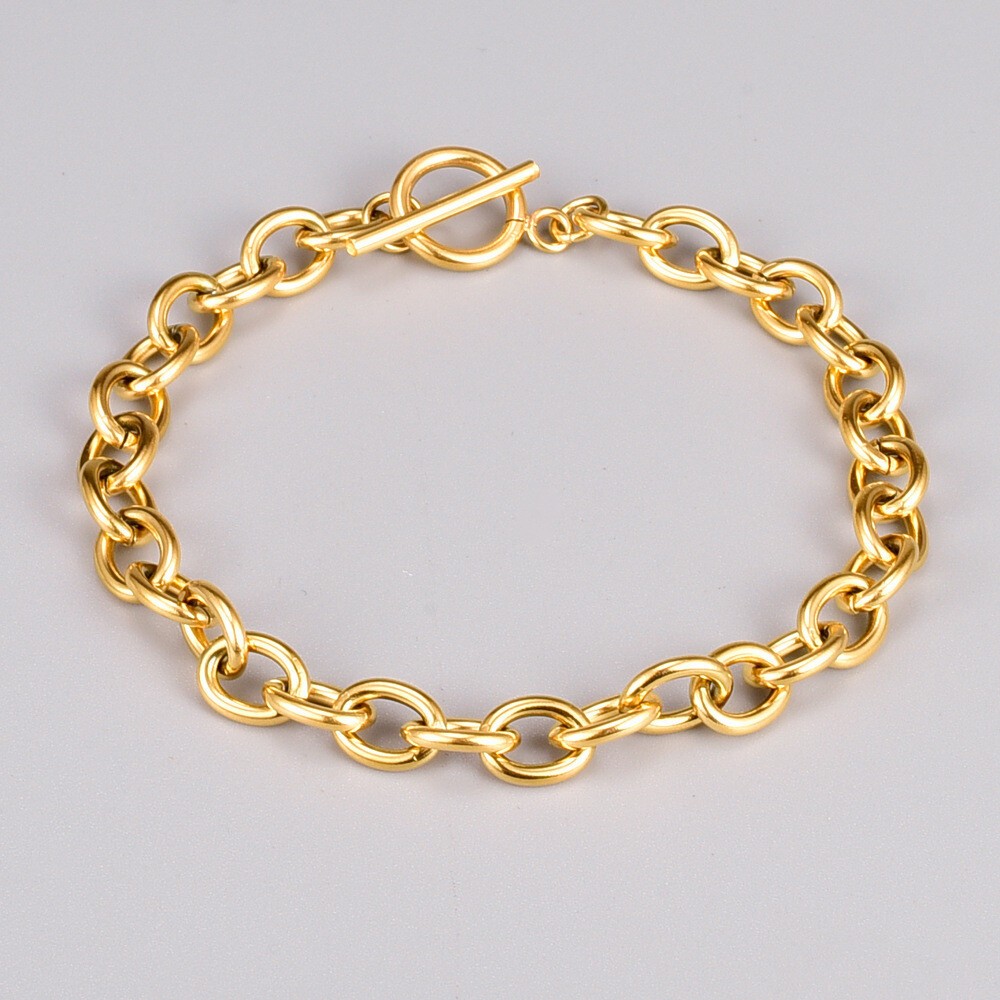 Woman Gold Plated Stainless Steel Rolo Link Chain Bracelet Bangle Toggle Jewelry