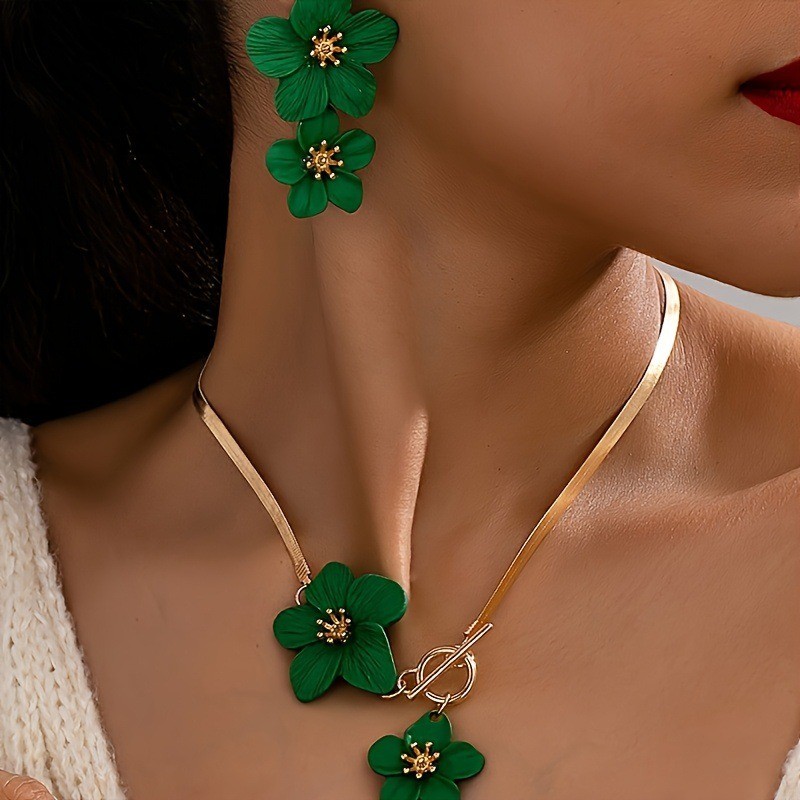 Women’s Fashion Elegant Green Flower Pendant Necklace Earring Set Gift Alloy
