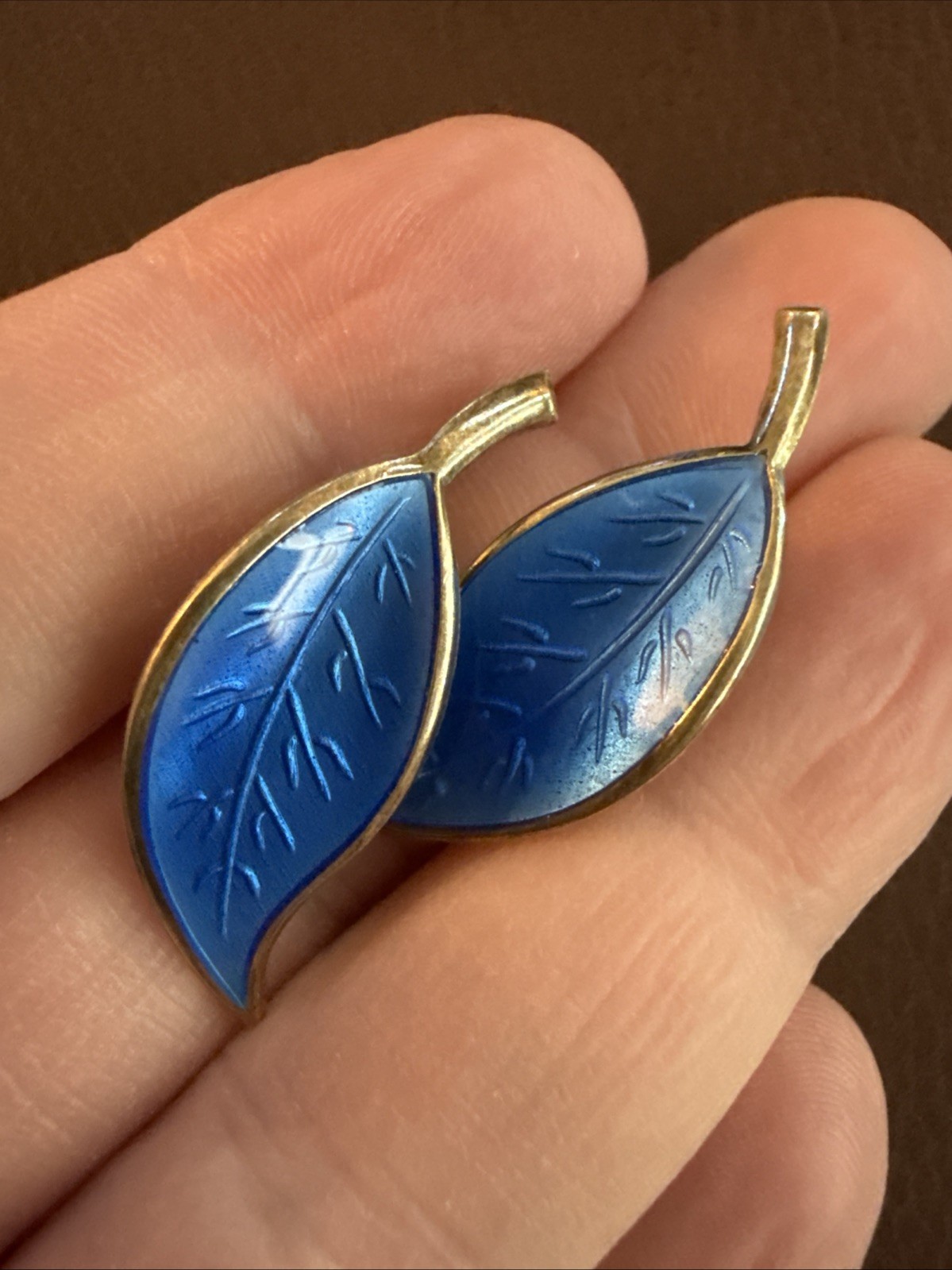 David Andersen Leaf Earrings Guilloche Blue Enamel Sterling Silver Norway 925S