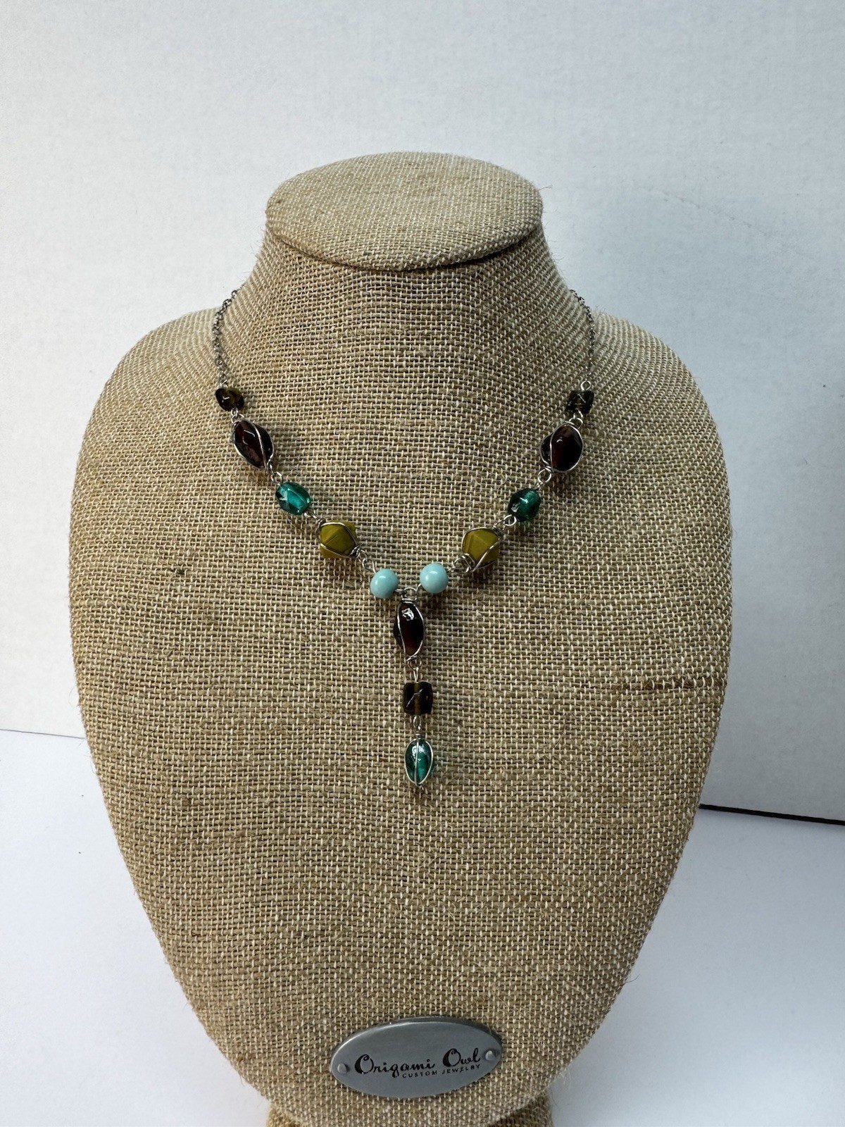 Wire Wrapped Necklace Earthy Brown Green Aqua Blue Glass Y Drop Fairy Whimsical