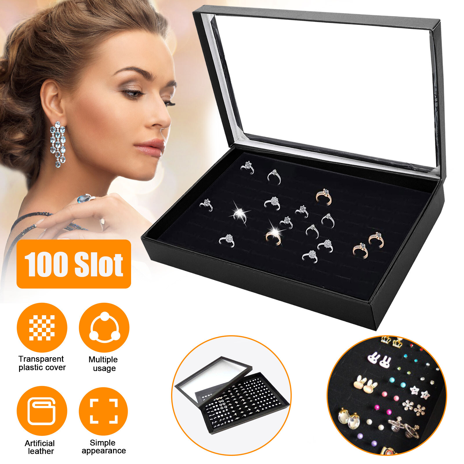 100 Slots Jewelry Rings Display Organizer Tray Holder Earrings Storage Box Case