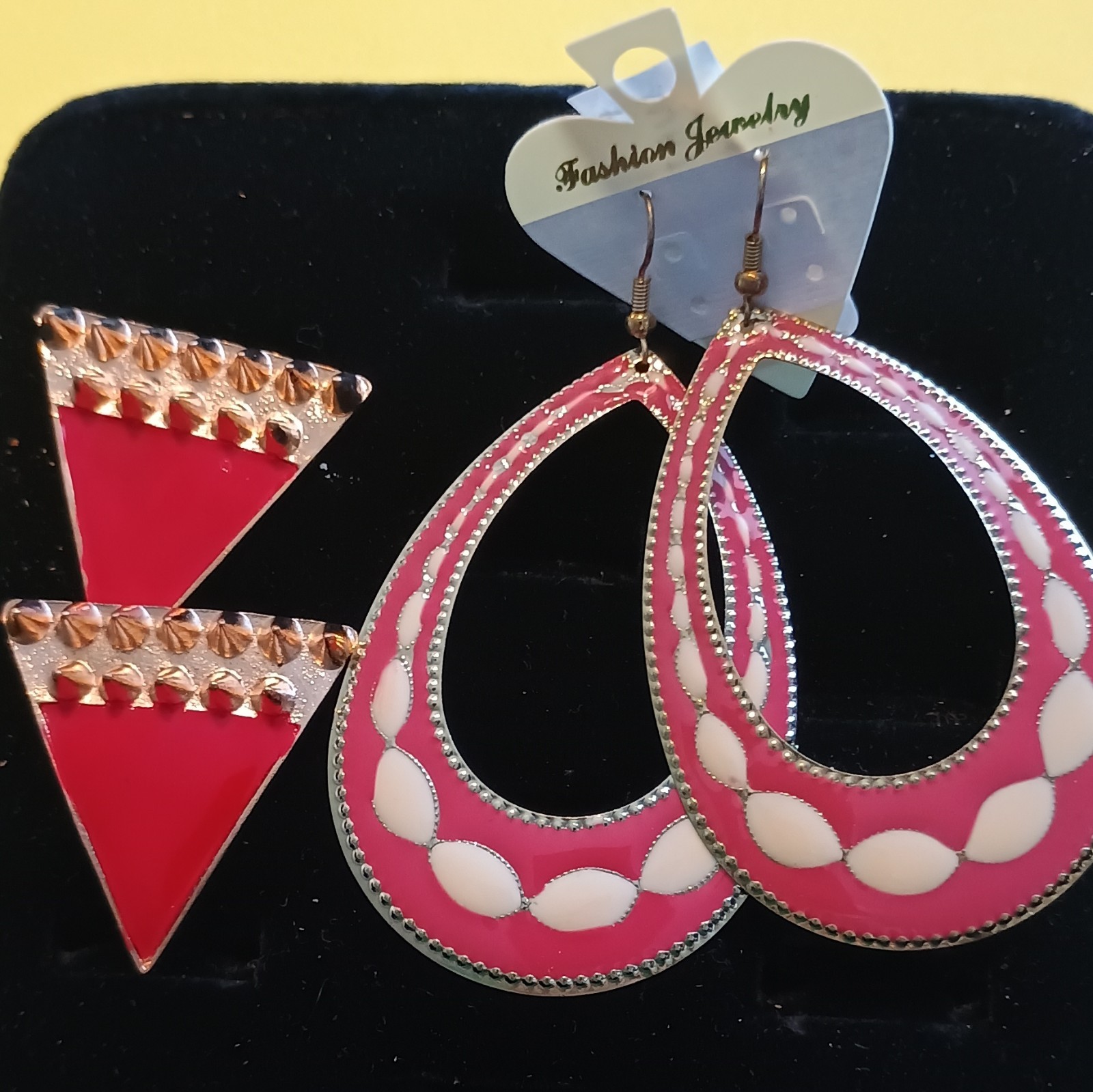 1 Pink & White Enamel Teardrop And 1 Red Enamel Earrings. Both For $9